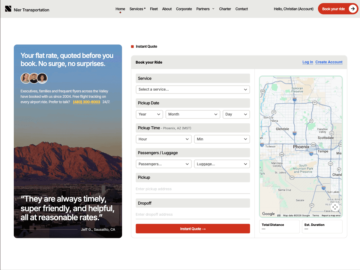 The Nier Transportation home page, top to bottom