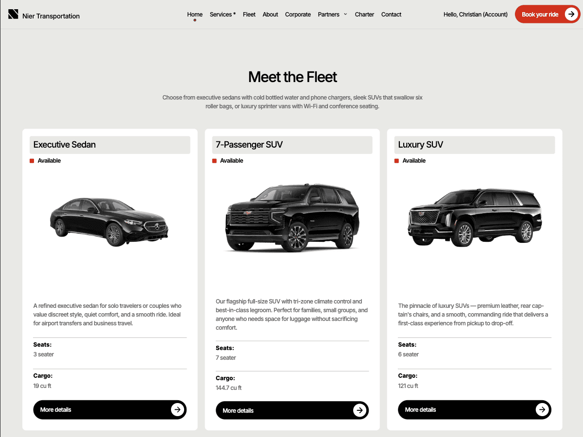 The Nier Transportation home page, top to bottom