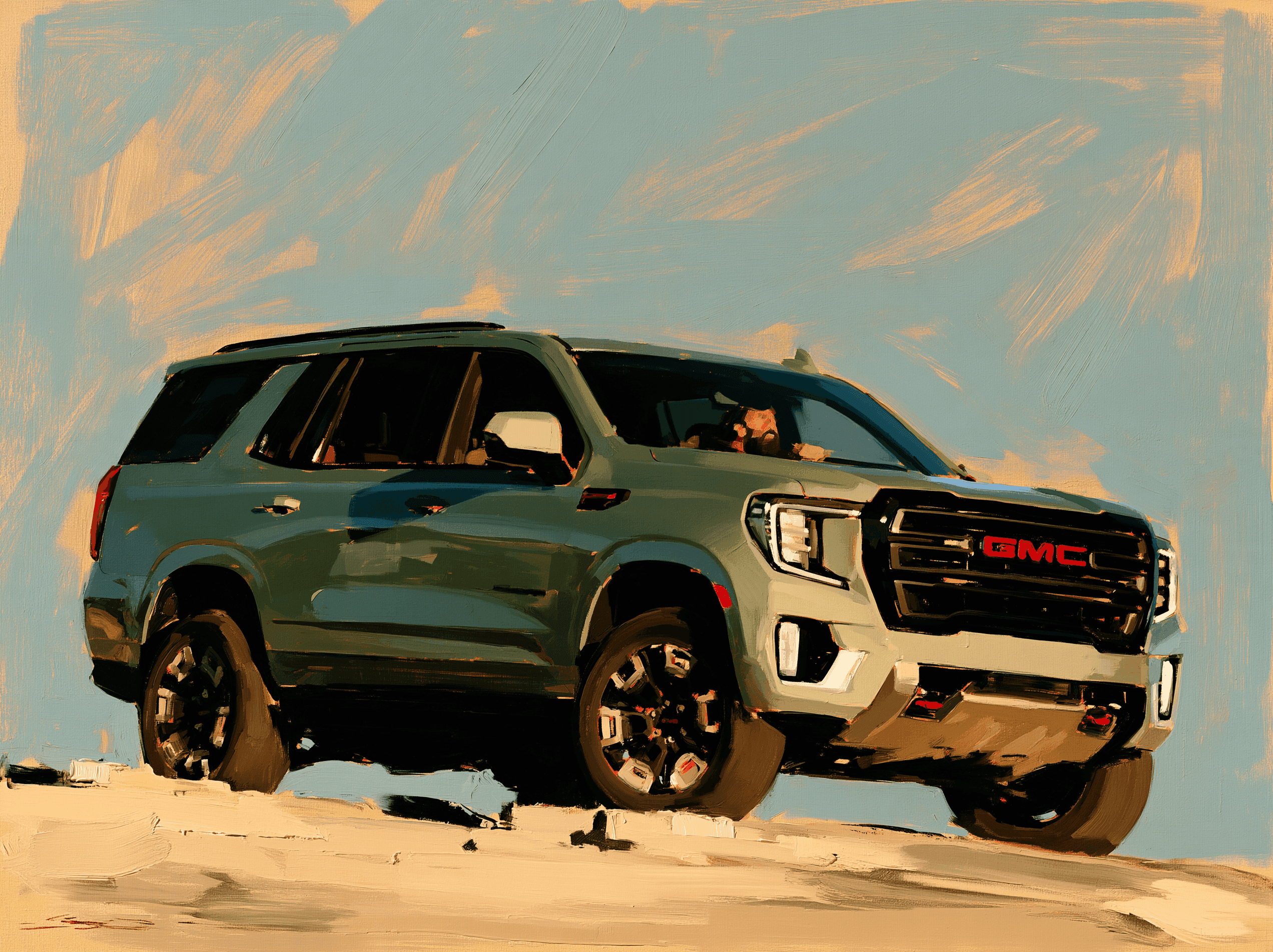 A painted gray GMC SUV on a sand-colored road